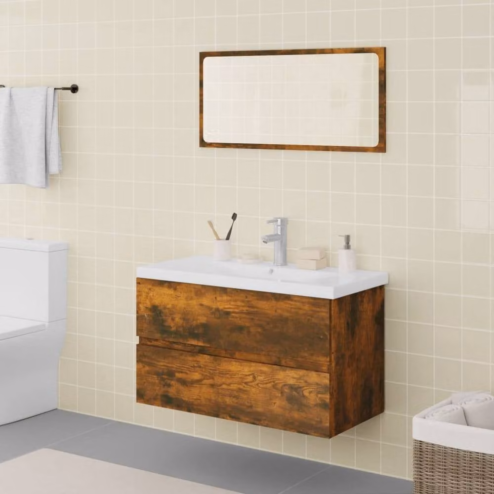 Berkfield Home Modern Bathroom Furniture Set in Smoked Oak Brown featuring Vanity Unit and Mirror Cabinet – 2