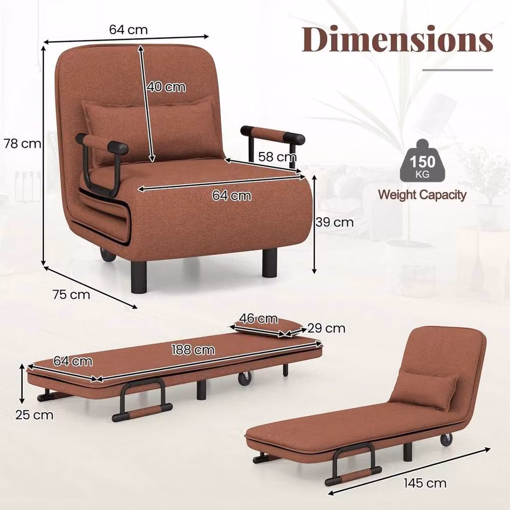 KORVIXA Modern Brown Fabric Single Folding Sofa Bed Chair W/D/H: 100 x 100 x 100 cm – 2