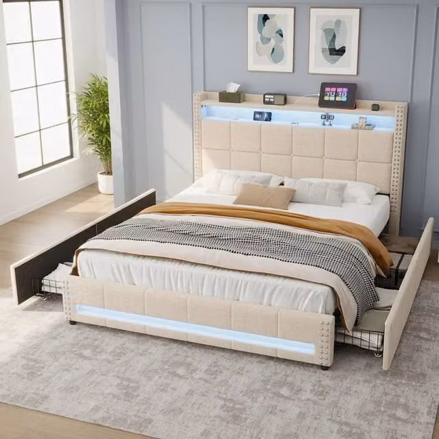 BTM Double Bed with 4 Drawers and LED Charging Headboard in Beige, W/D/H: 140 x 200 x 43.83 cm – 1