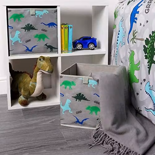 OHS Pack of 2 Dinosaur Print Foldable Cube Storage Boxes for Children, Grey, Green and Blue, W/D/H: 27.0 x 27.0 x 27.0 cm – 4