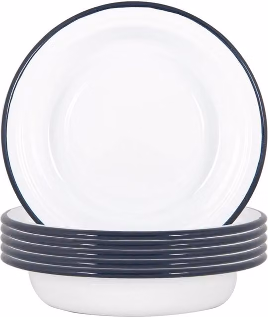 Argon Tableware Set of 6 White Enamel Deep Bowls with Blue Accents, Diameter: 19 cm