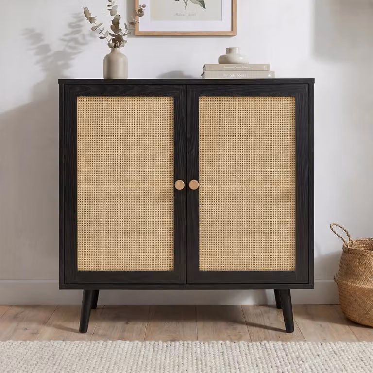 Wovena Rattan 2 Door Sideboard in Black with Adjustable Shelf, W: 80 cm, H: 80 cm, D: 40 cm