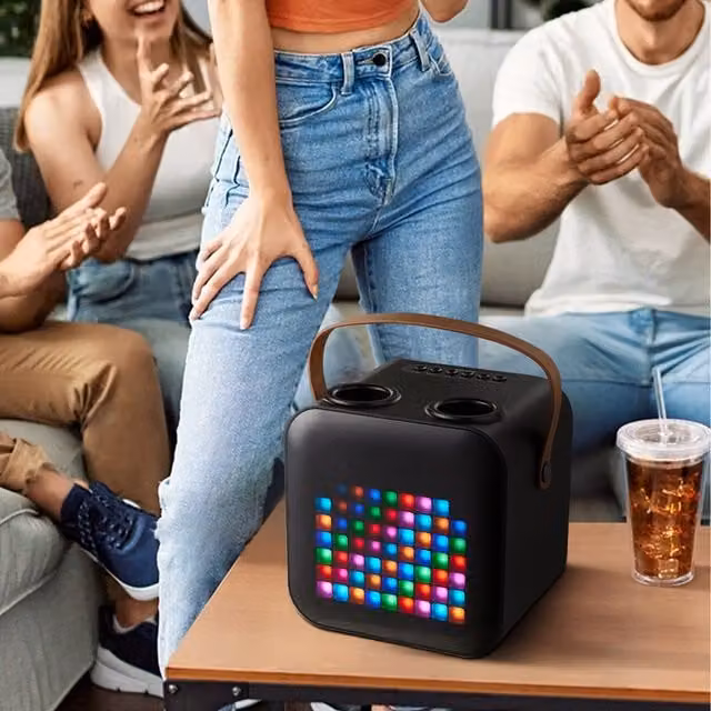 Komore Bluetooth 5.0 Karaoke Speaker with 2 Microphones, Black, Height: 17 cm