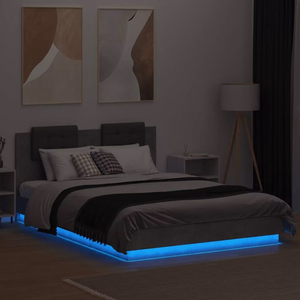 Berkfield Home Modern Upholstered King Size Bed Frame with LED Under-Bed Lighting and USB Charging Port, Concrete Grey, W: 150 cm, L: 200 cm – 4