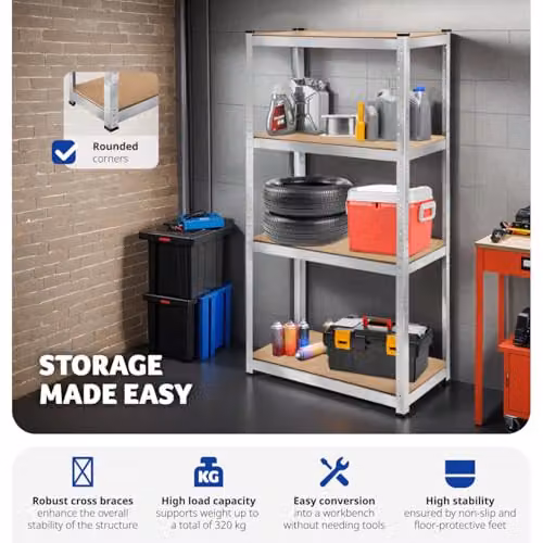 tectake 4-Tier Heavy-Duty Shelving Unit with Galvanised Steel Frame and Adjustable MDF Shelves in Silver, H 160 x W 80 x D 40 cm – 4