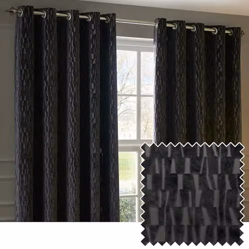Paoletti Manhattan Charcoal Grey Velvet Geometric Textured Eyelet Curtain Pair, W: 168 cm, H: 183 cm