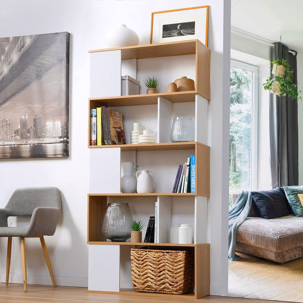 CALICOSY Modern White and Oak Bookcase, W: 80 cm, H: 173.5 cm, D: 29.5 cm – 2