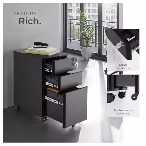 tectake Lockable Mobile Filing Cabinet in Black Steel with 2 A4 Drawers and 1 Hanging File Drawer, W/D/H: 59.5 x 50 x 59.5 cm – 6