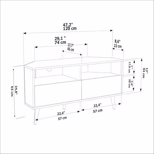 DECOROTIKA Aura Corner TV Stand in Galaxy and Travertine with Open Shelves, Cabinets, and Wooden Legs, W: 120 cm, D: 45 cm, H: 59.8 cm – 2