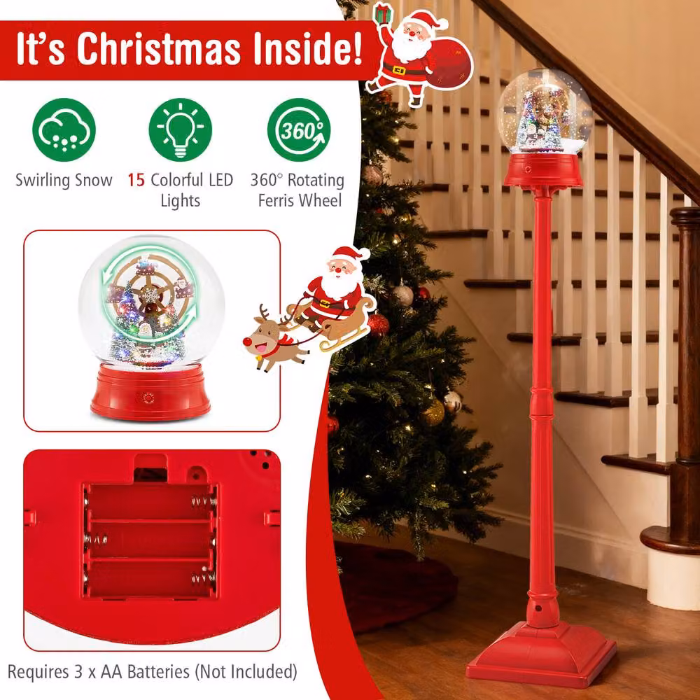 Gymax 5FT Musical Christmas Street Lamp with Blowing Snow and LED Lights in Red, Height: 152.4 cm – 5
