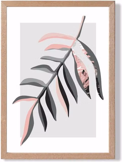 ARTZE Tropical Leaf Boho Botanical Framed Print in Grey and Pink with Oak Frame, A2