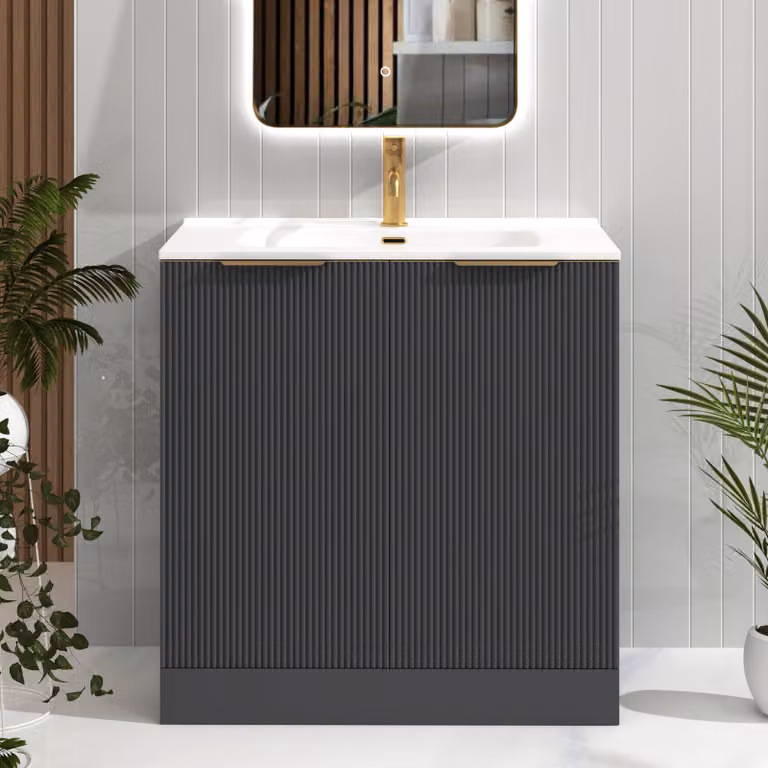 Royal Bathrooms Evora 800mm Graphite Grey Fluted Floor Standing 2 Door Vanity Unit with Ceramic Basin and Brushed Brass Handles