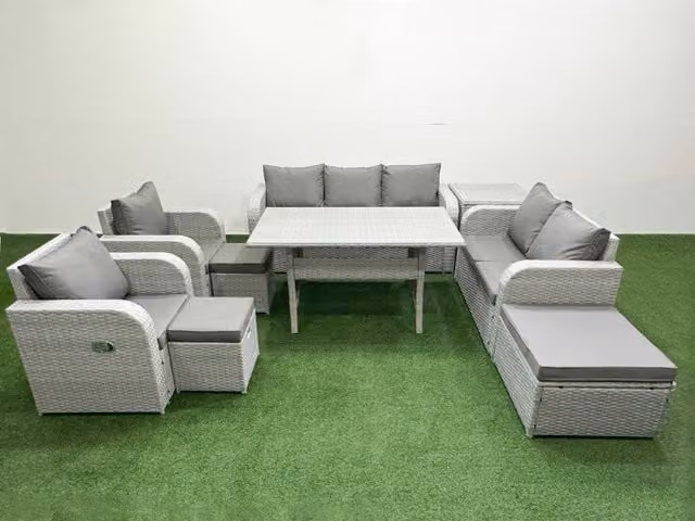 Fimous Grey PE Rattan Garden Furniture Set with Reclining Chairs, Double Love Seat, Rectangular Dining Table and 3 Stools