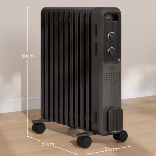 HOMCOM 2500W Oil Filled Radiator Portable Electric Heater in Grey with Thermostat and Overheat Protection – 5