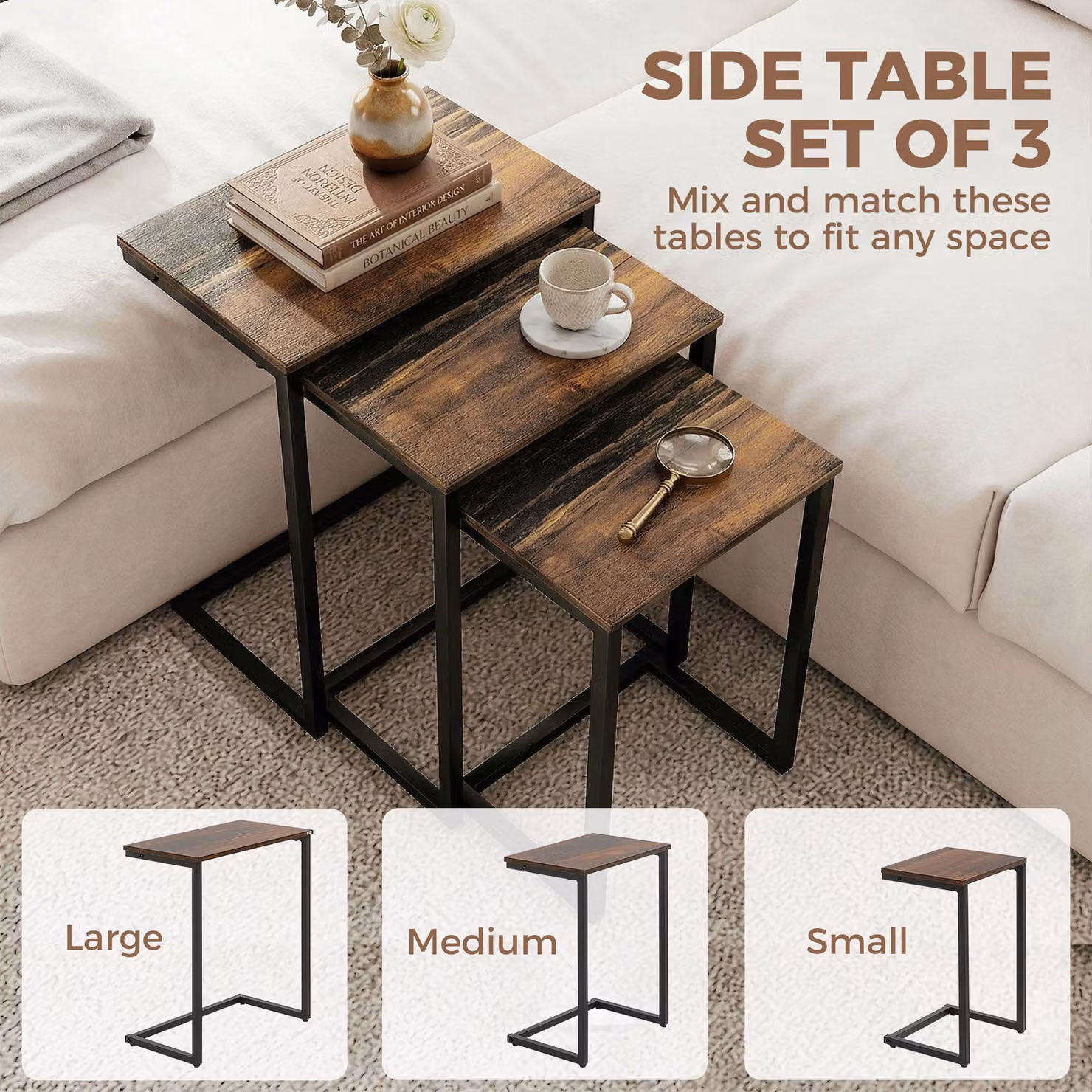 HOMCOM Set of 3 Nesting C-Shaped Side Tables with Steel Frame in Rustic Brown – 4