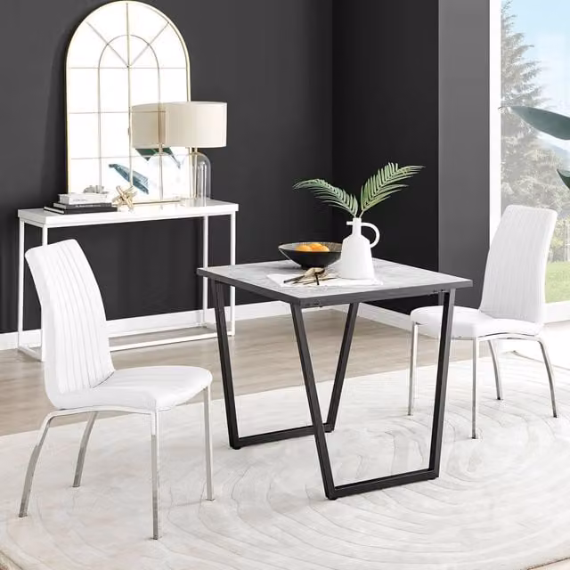 FurnitureboxUK Carson White Marble Effect Square Dining Table and 2 Isco Faux Leather Chairs in Black and White