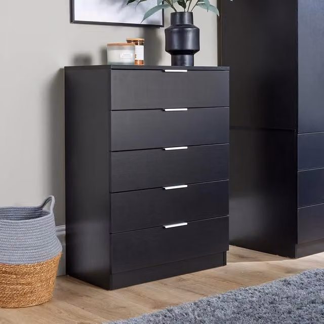 Home Source Phoenix 5 Drawer Chest of Drawers Bedroom Organiser in Black