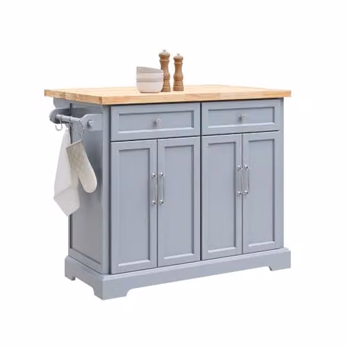 SoBuy Rolling Kitchen Island Storage Trolley with Extendable Rubber Wood Worktop and Drawers, Grey, W: 115 cm, D: 46-71 cm, H: 92 cm – 1