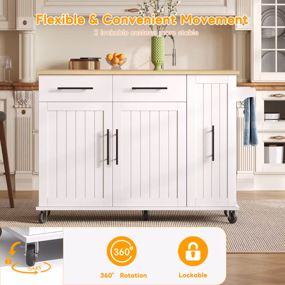 Matteo White Kitchen Island with Drop Leaf and Storage Rolling Kitchen Cart – 3