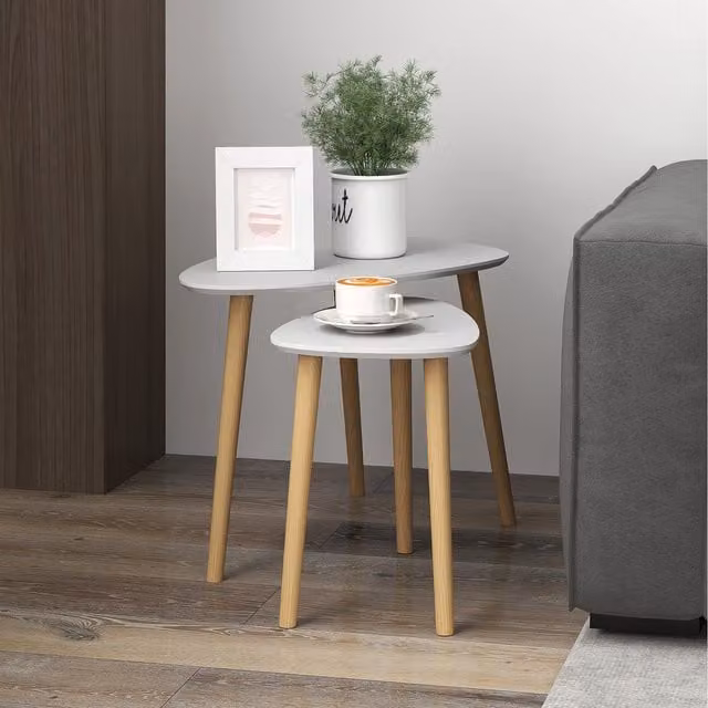 HOMCOM Set of 2 Modern Scandinavian Side Tables in White and Light Grey