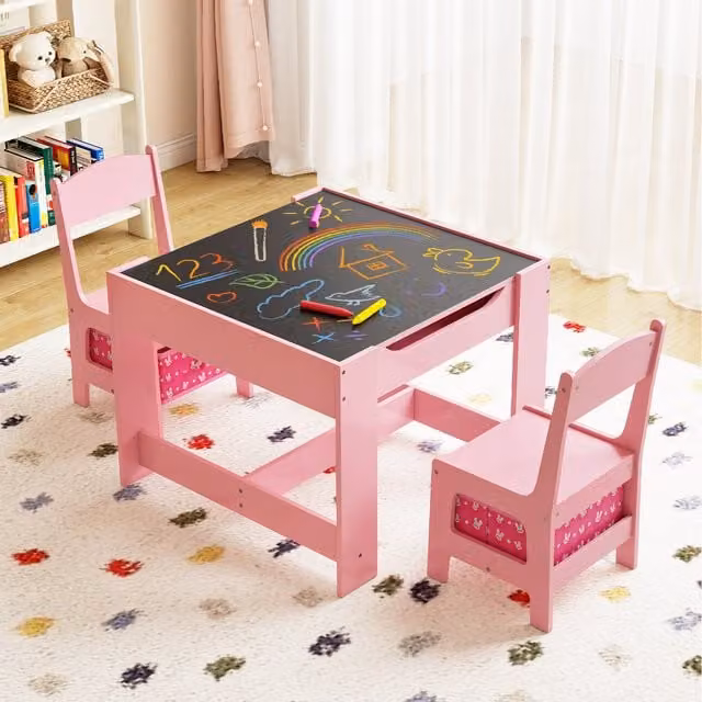 COSTWAY Pink Toddler Desk and 2 Chairs Set for Children Aged 3 to 6 Years