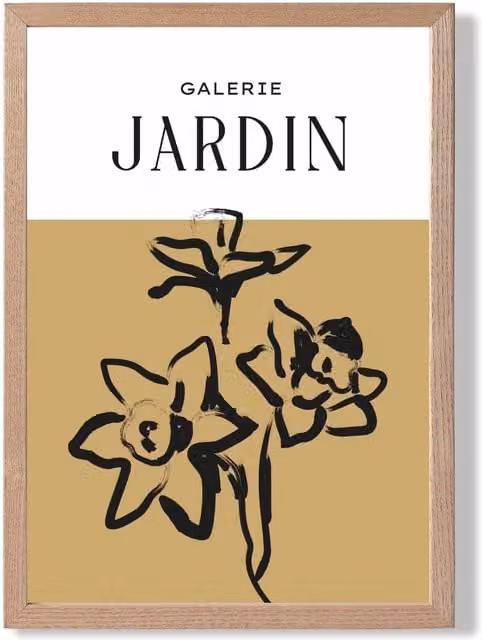 ARTZE Yellow Daffodil Boho Sketch Floral Framed Print with Oak Wood Frame