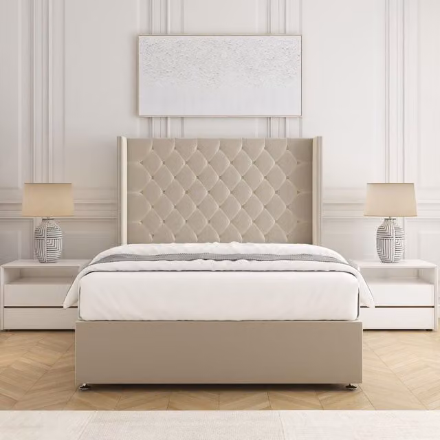 BSSPOKE Olivia Plush Velvet Divan Bed Set with Headboard and Mattress in Beige, Double (W/D/H: 140 x 200 cm)