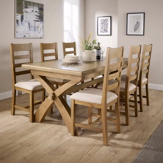 Home Source Bentley Rustic Oak Extending Dining Table and 6 Upholstered Chairs in Beige