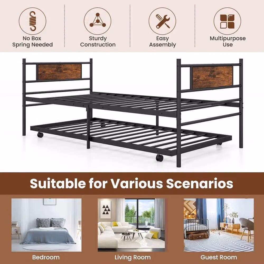 Kelvenix Metal Single Daybed with Pull-out Trundle in Brown, W/D/H: 90 x 200 cm – 4