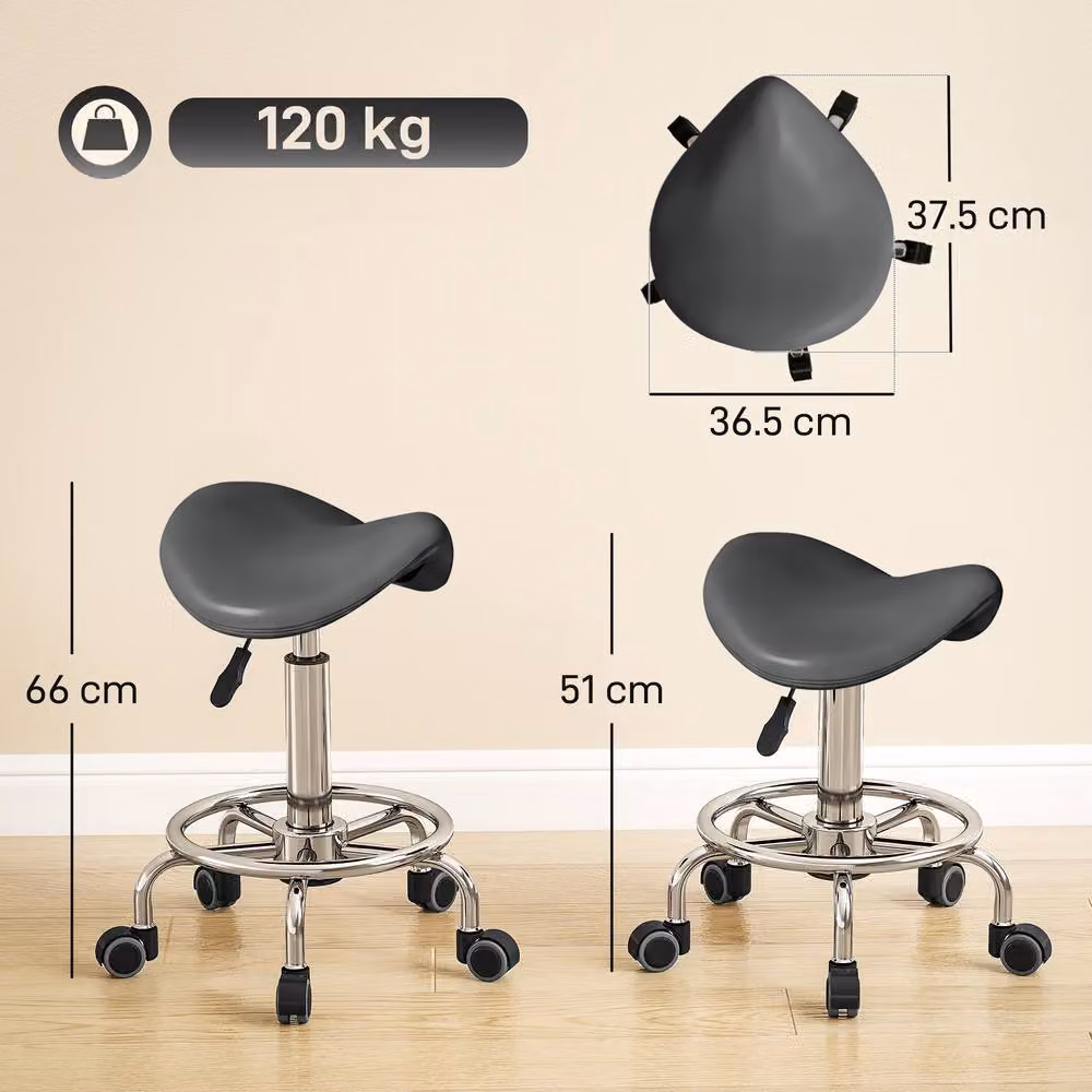 STILVORA Grey PU Leather Saddle Stool with Adjustable Height and Castors – 3