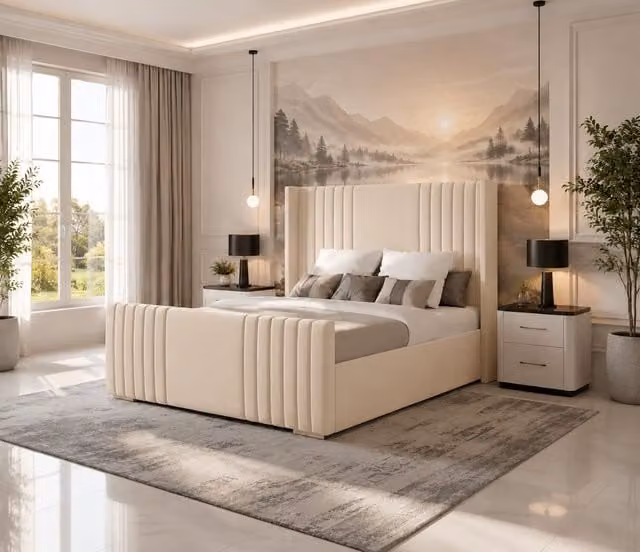 K Mehmood Enterprise Ltd Luxury Upholstered Divan Bed Set with Mattress and Headboard in Beige, W/D/H: 135 x 200 cm