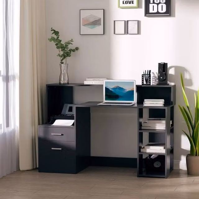 FORGEVIO Modern Computer Desk with Storage Shelves in Black – 1