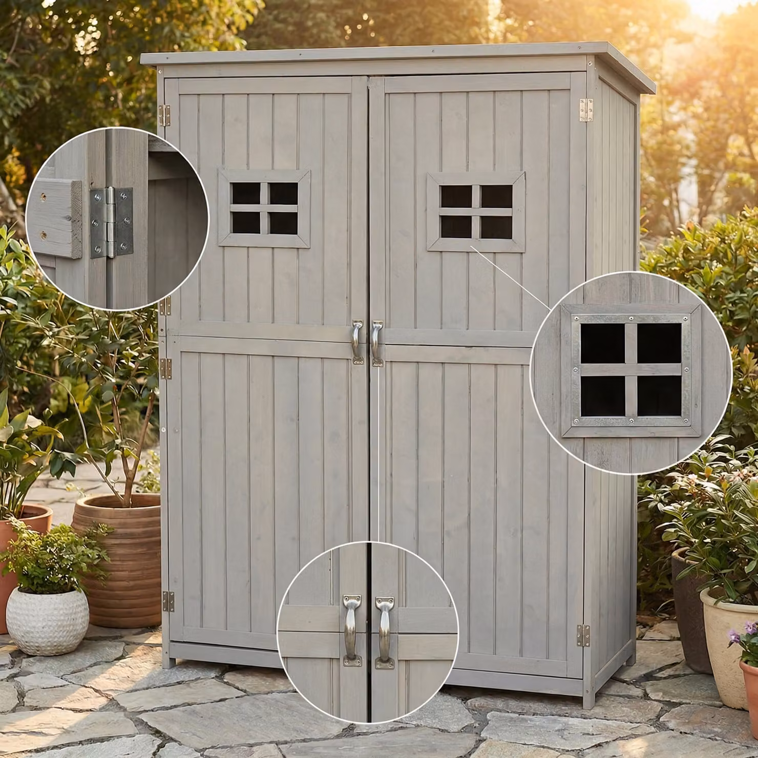Outsunny Grey Wooden Garden Tool Storage Shed with Two Windows and Internal Shelving, W/D/H: 127.5 x 50 x 164 cm – 3