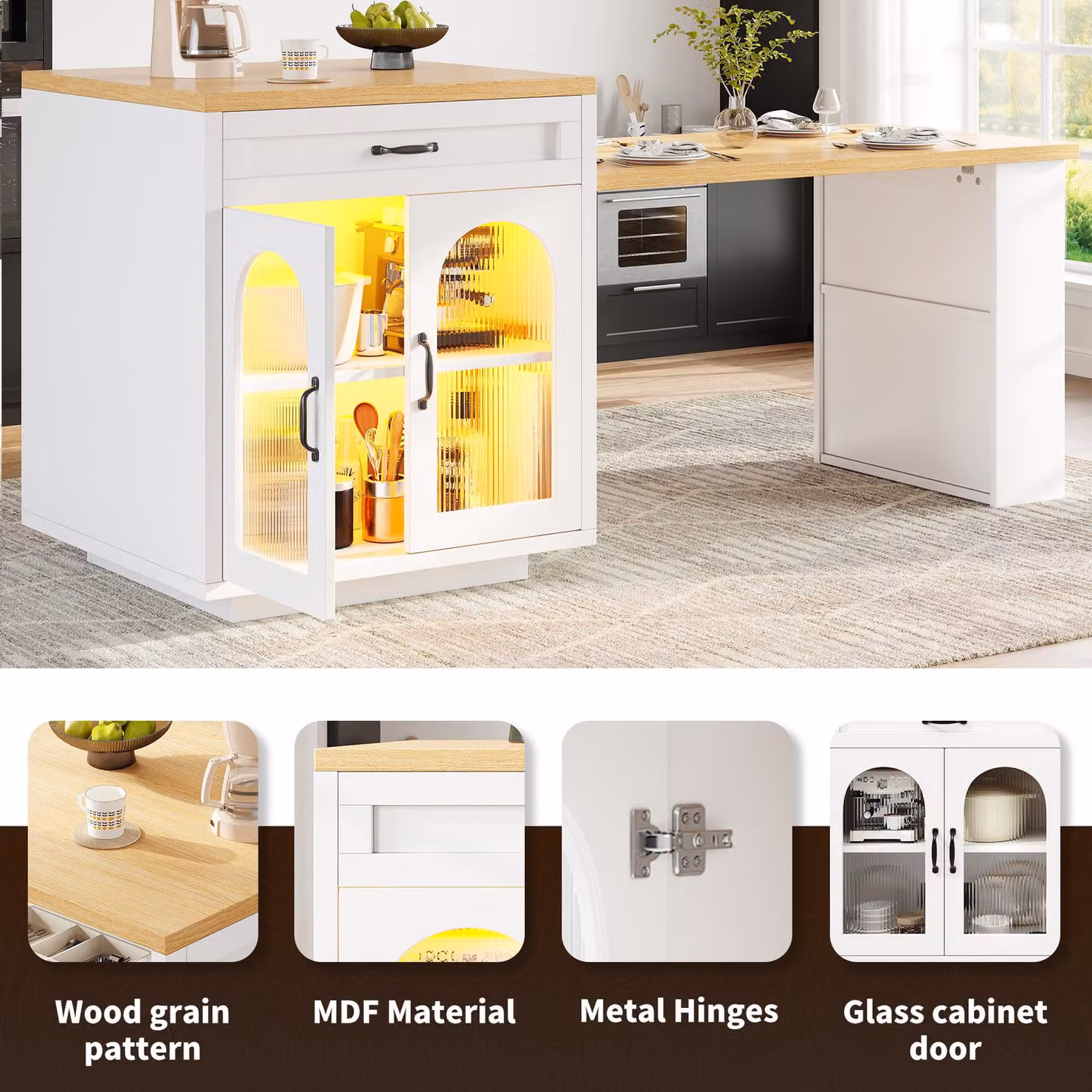 Aosom UK Extendable Kitchen Island with App-Controlled RGB Lighting and Storage Cabinet, White, W: 126-196 cm, D: 59 cm, H: 94 cm – 3