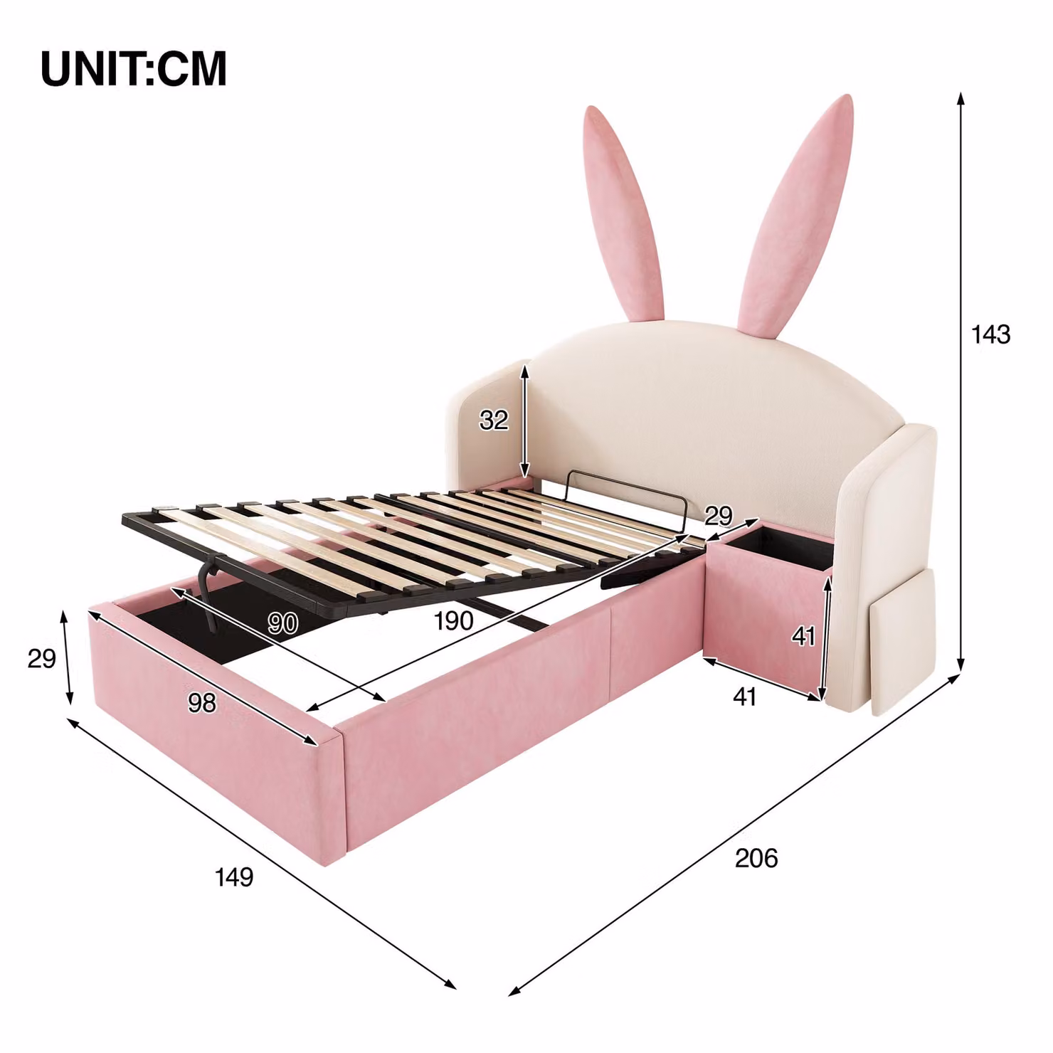 Aosom UK Bunny Ears Children's Bed with Hydraulic Storage in Beige and Pink, W/D/H: 149 x 206 x 143 cm – 2