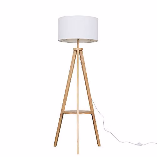 ValueLights Morrigan Modern Wood Tripod Floor Lamp with White Fabric Drum Shade and LED Bulb – 1
