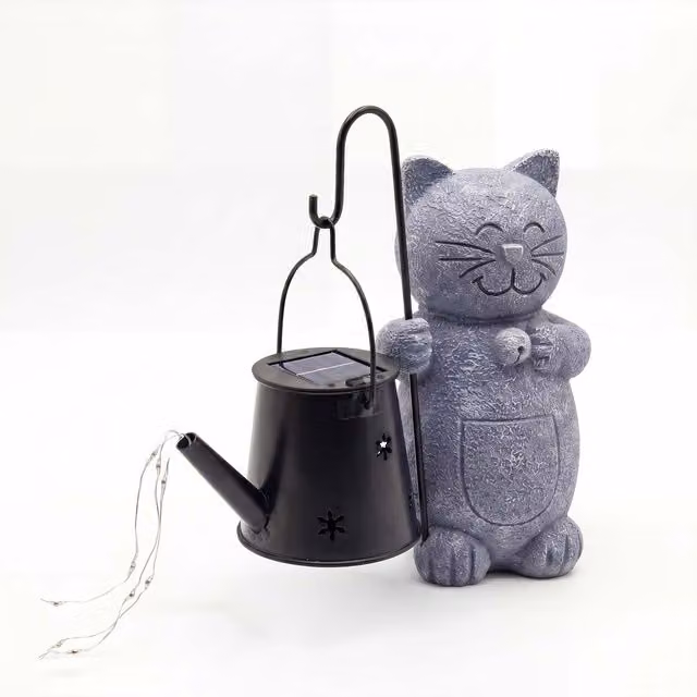 Emitto Solar Cat Garden Statue Ornament in Grey and Black Resin and Metal