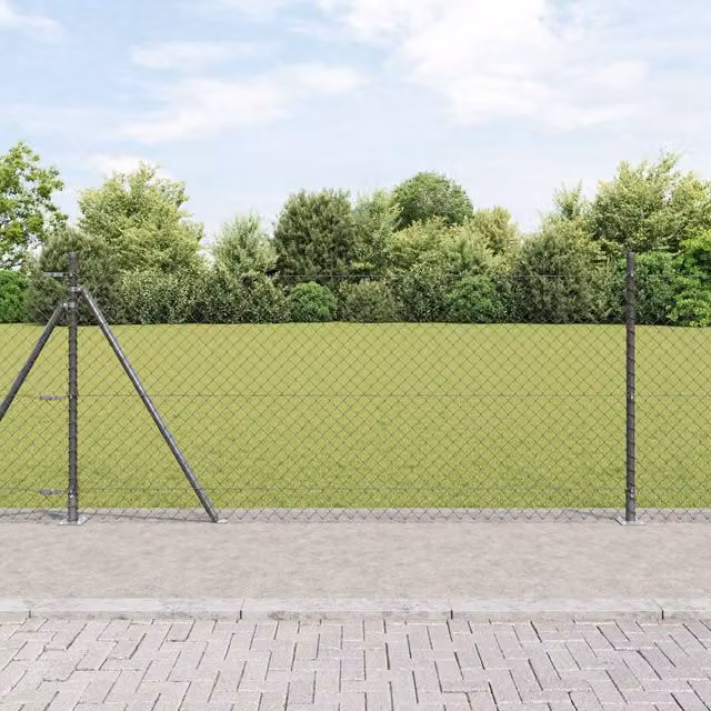 Berkfield Home Grey Galvanised Steel Chain Link Fence with 7 Round In-Ground Flanged Posts, W: 10 m, H: 1 m – 1