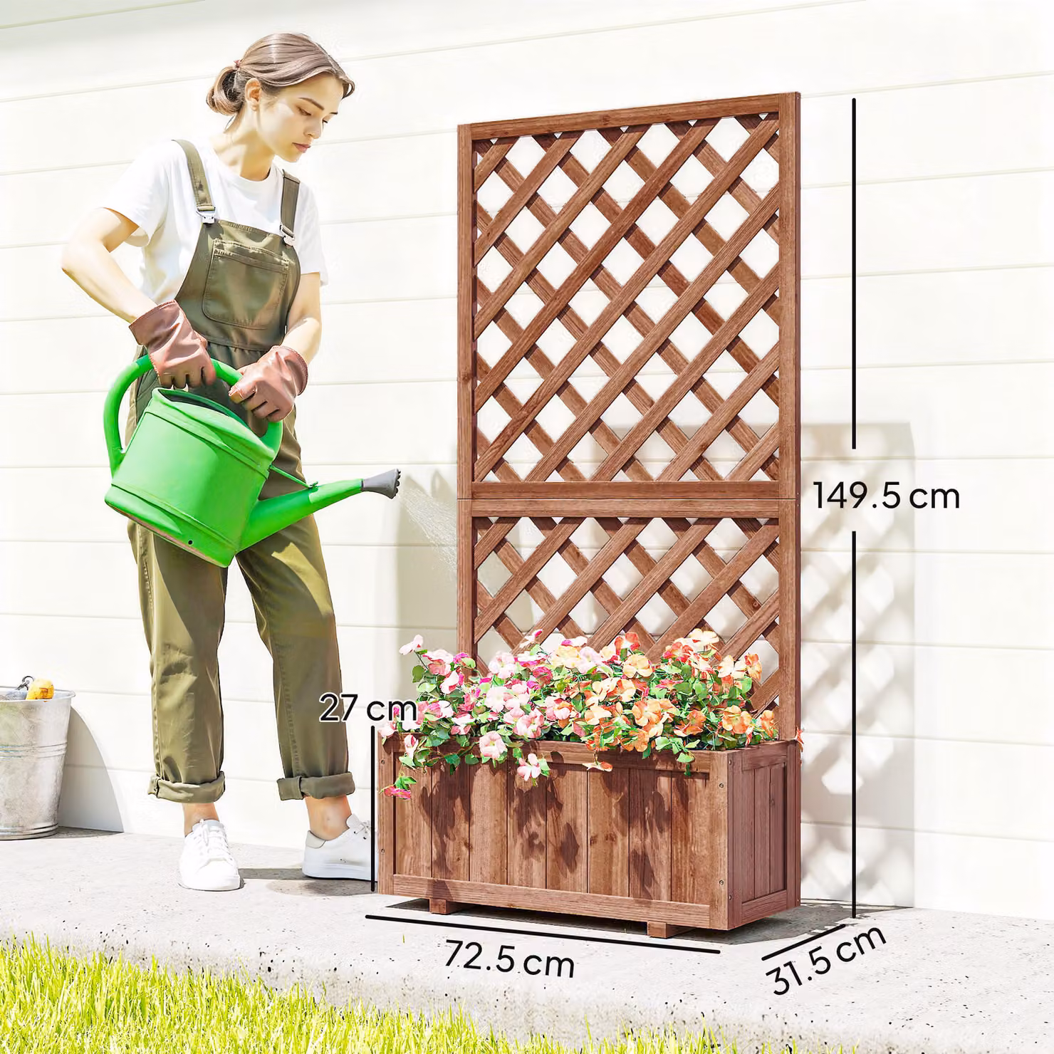 Outsunny Brown Wooden Pine Trough Planter with Trellis for Climbing Plants and Flowers, W: 149.5 cm, D: 31.5 cm, H: 72.5 cm – 3