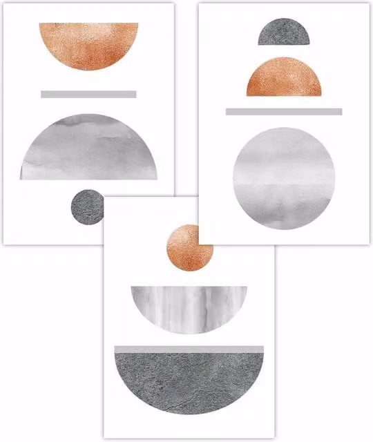 ARTZE Set of 3 Mid Century Abstract Geometric Art Paper Posters in Grey, Orange and Multicolour, W: 50 cm, H: 70 cm