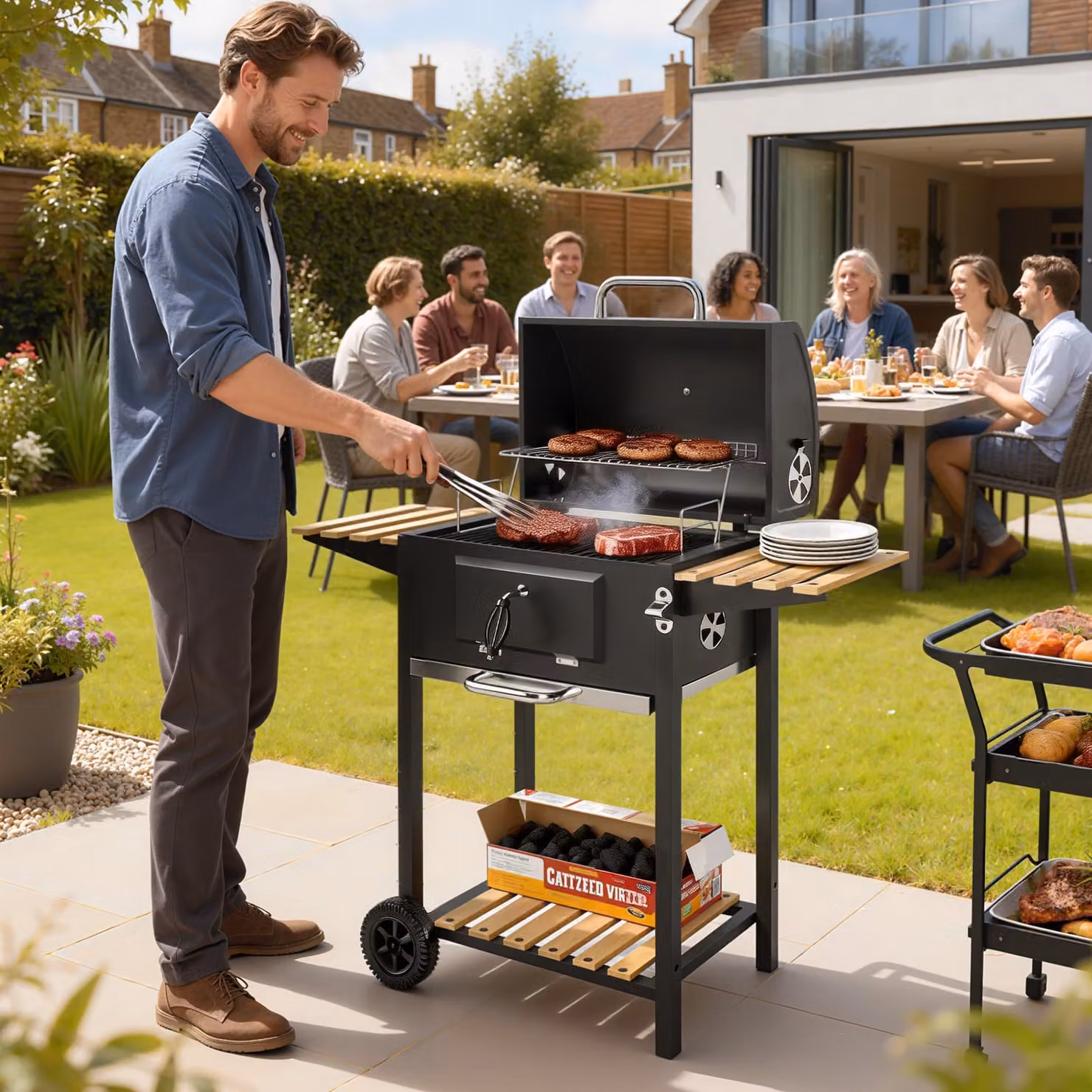 Outsunny Charcoal BBQ Grill with Height Adjustable Pan, Warming Rack, Thermometer and Wheels, Black/Grey, W/D/H: 107 x 58 x 112 cm – 2