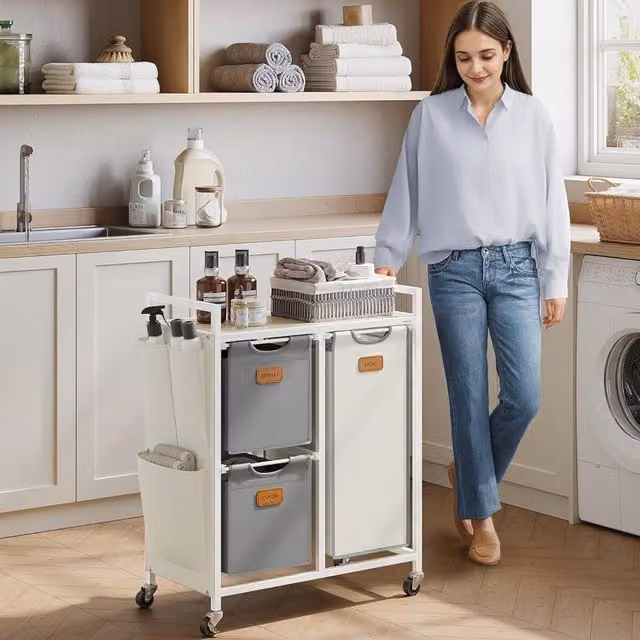 The Bazaarist 3 Compartment Laundry Cart with Shelves, Beige, Grey and White