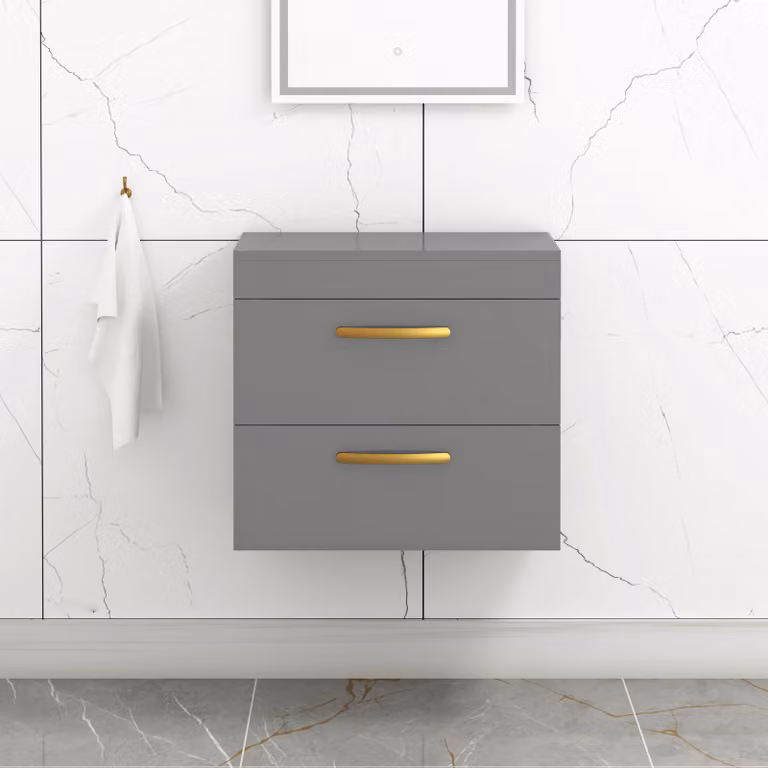 Royal Bathrooms 600mm Wall Hung 2 Drawer Vanity Unit in Indigo Grey Gloss with Brushed Brass Handles