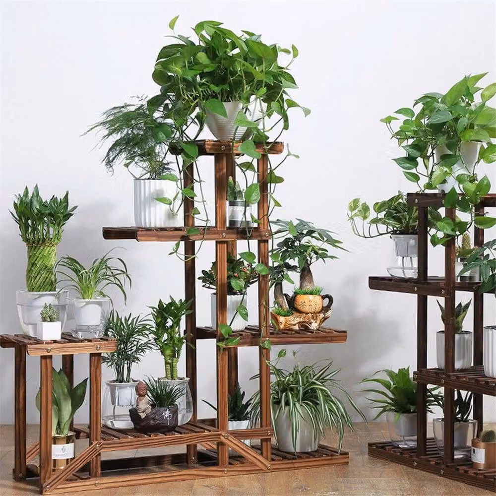 EONLION 5-Tier Solid Pine Wood Plant Stand and Flower Pot Shelf, Brown, H 95 x W 95 x D 25 cm – 4