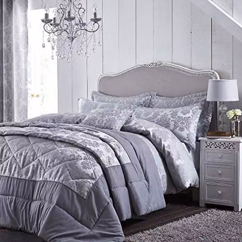 Catherine Lansfield Damask Jacquard Polycotton Duvet Cover and Pillowcase Set in Silver Grey, W: 180 cm x L: 200 cm – 2