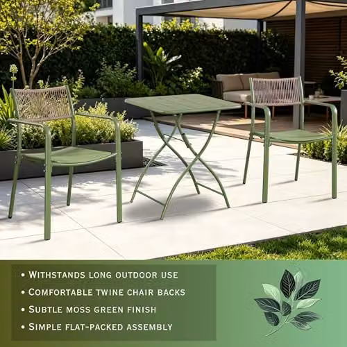 Core Products 3-Piece Bistro Garden Set with Two Rope-Back Armchairs and Folding Metal Table in White and Green – 2