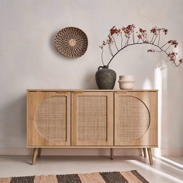 Sweekeec Modern Wood and Cane Rattan Sideboard in Light Brown, Width: 120 cm – 1