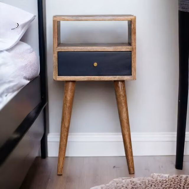 Artisan Furniture Solid Mango Wood Hand Painted Mini Bedside Table in Brown and Blue