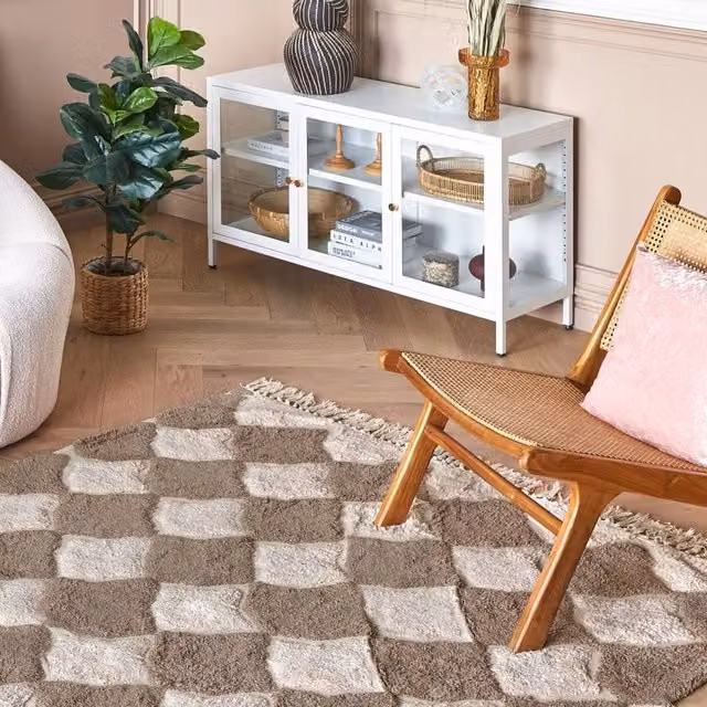 Wyld and Coco Cotton Geometric Boho Area Rug in Brown and Beige with Tassels, W: 160 cm, D: 230 cm