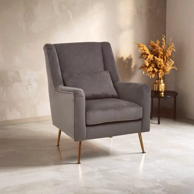 Fifty Five South Mid-Century Grey Velvet Armchair with Gold Metal Legs